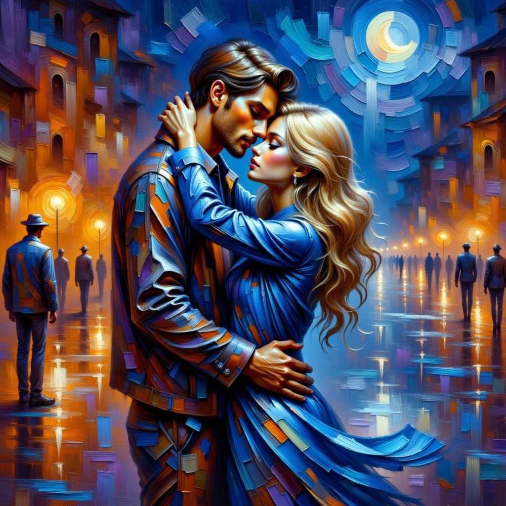Mosaic Style Oil Painting of Romantic Embrace