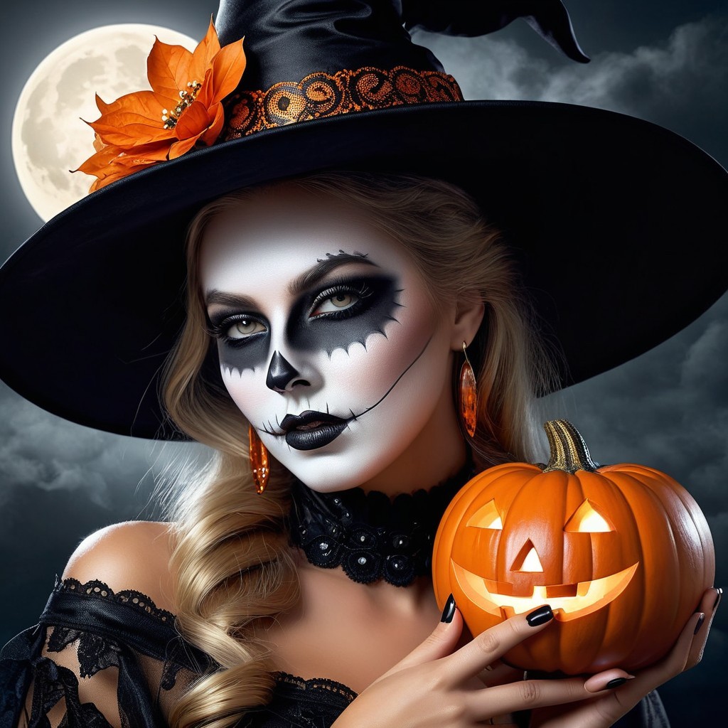 Witch with Skull Makeup and Pumpkin Under Full Moon