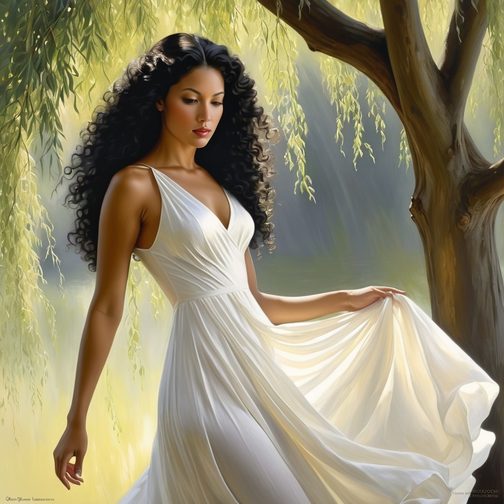 Woman in White Dress by Tranquil Water Scene