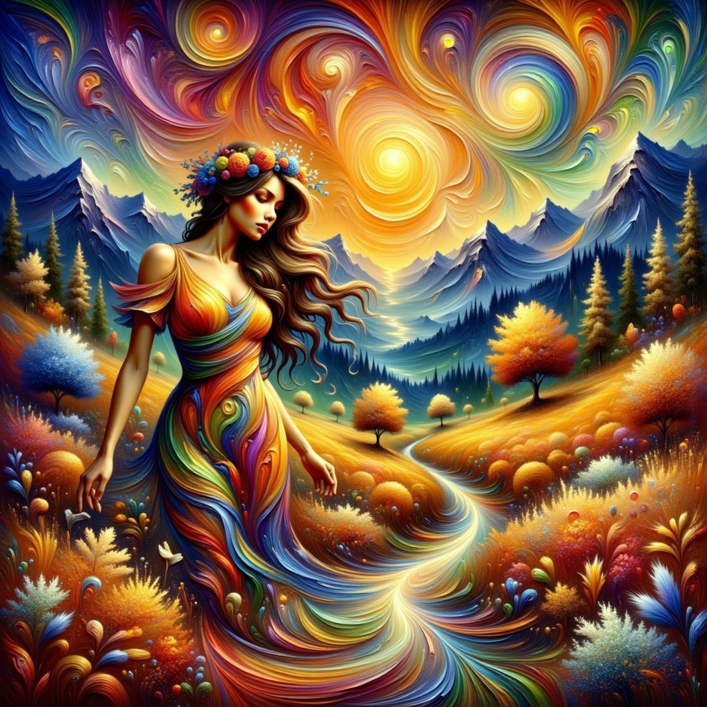 Psychedelic Painting of Woman in Colorful Landscape