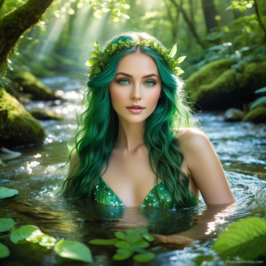 Mystical Scene of Woman with Green Hair in Stream