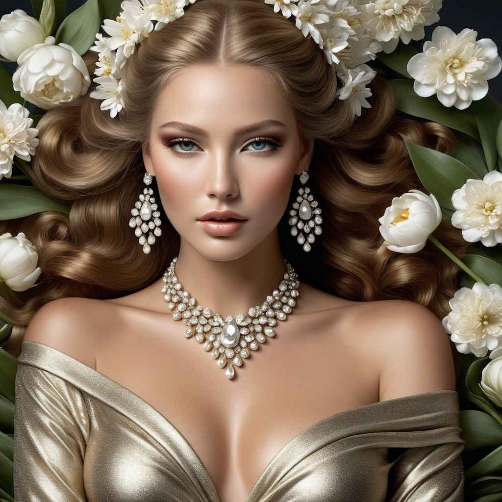 Portrait of a woman with golden hair and flowers