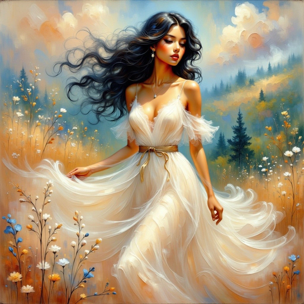 Young Woman in White Dress Among Wildflowers