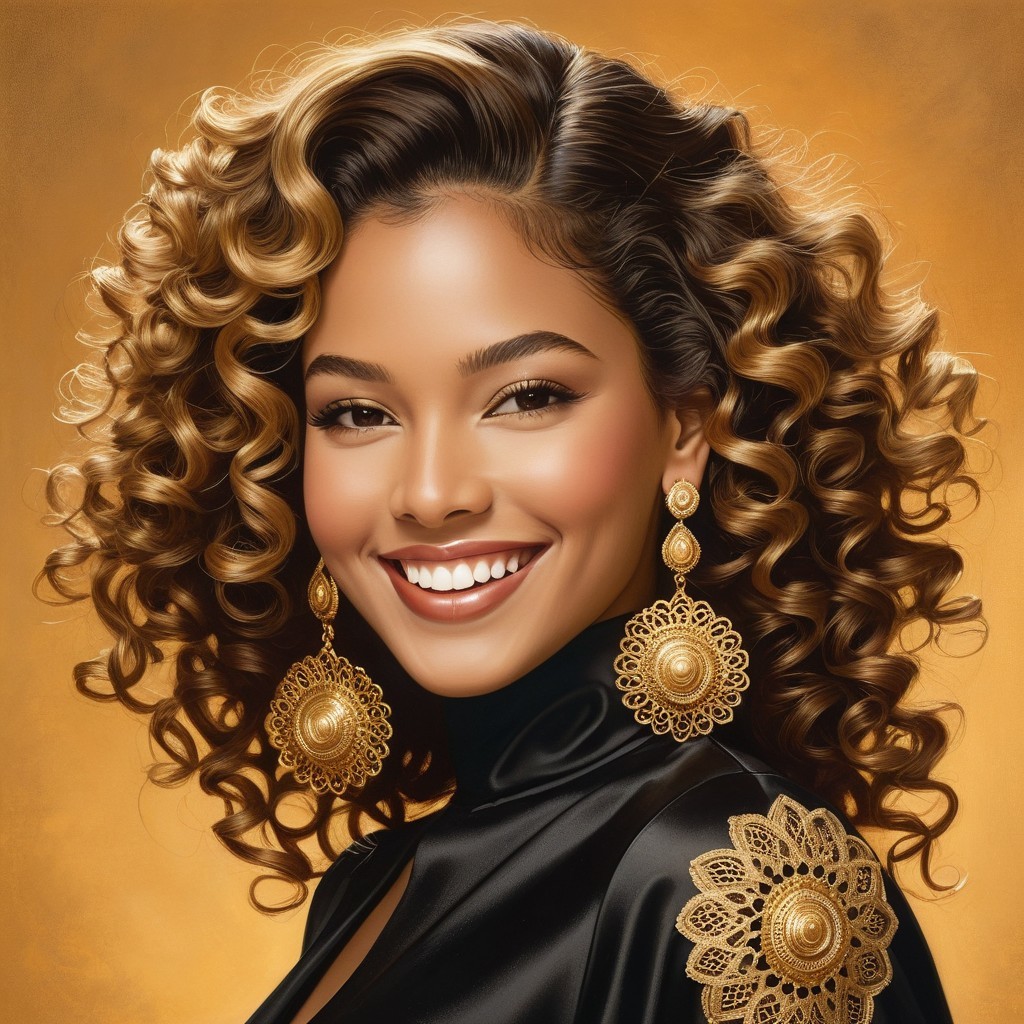 Radiant Young Woman in Elegant Black Attire and Gold