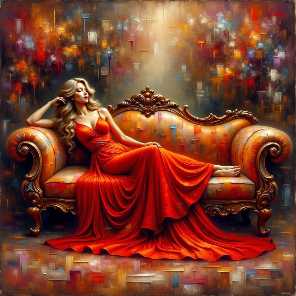 Impressionistic Digital Artwork of Woman in Red Gown
