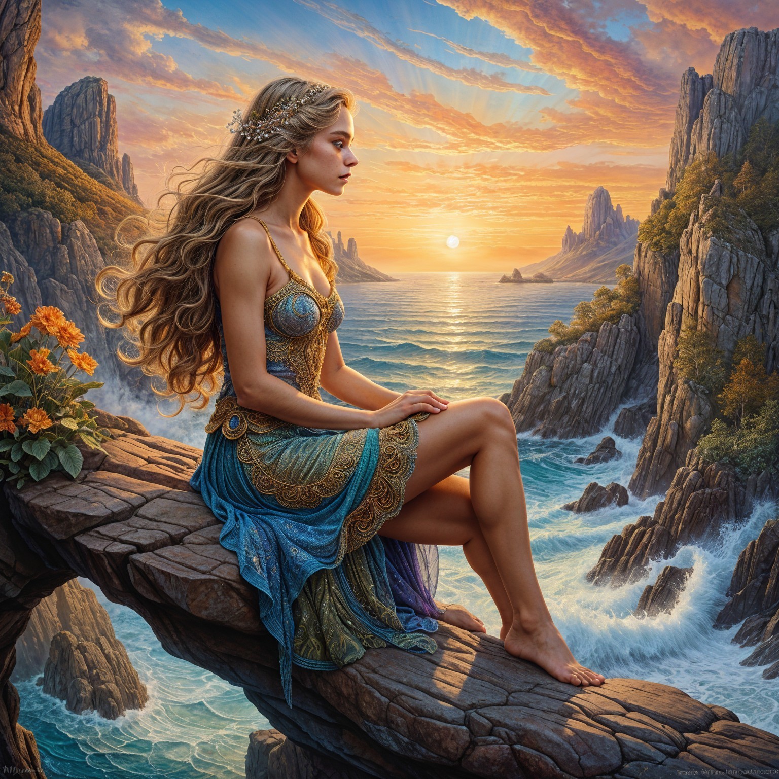 Serene Woman on Rocky Ledge Overlooking Tranquil Sea