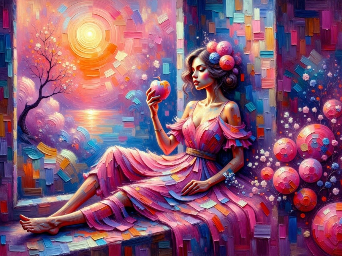 Serene Woman in Vibrant Abstract Landscape with Orb