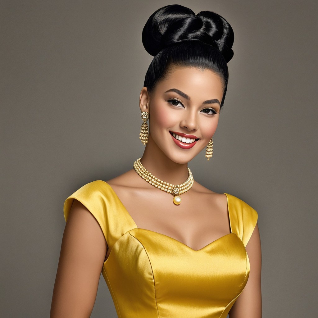 Woman in Yellow Satin Gown with Pearl Jewelry