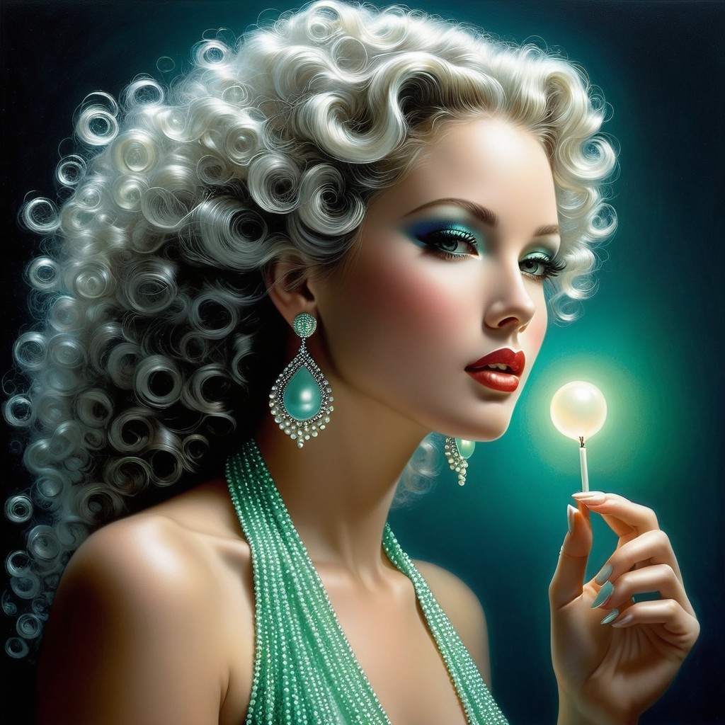 Glamorous Woman in Green Gown with Lollipop and Jewelry