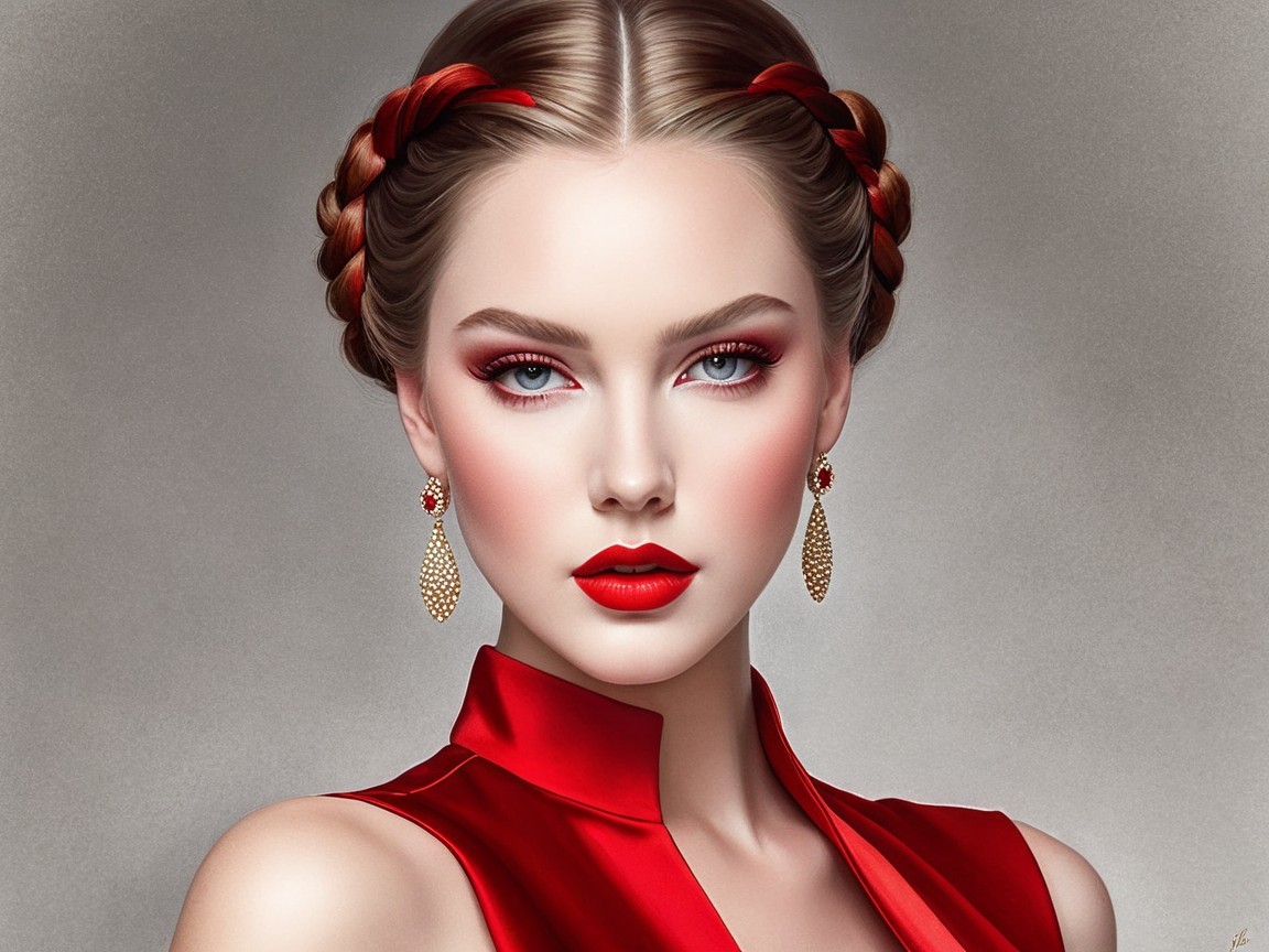 Elegant Portrait of a Woman with Braided Hair and Red Accents