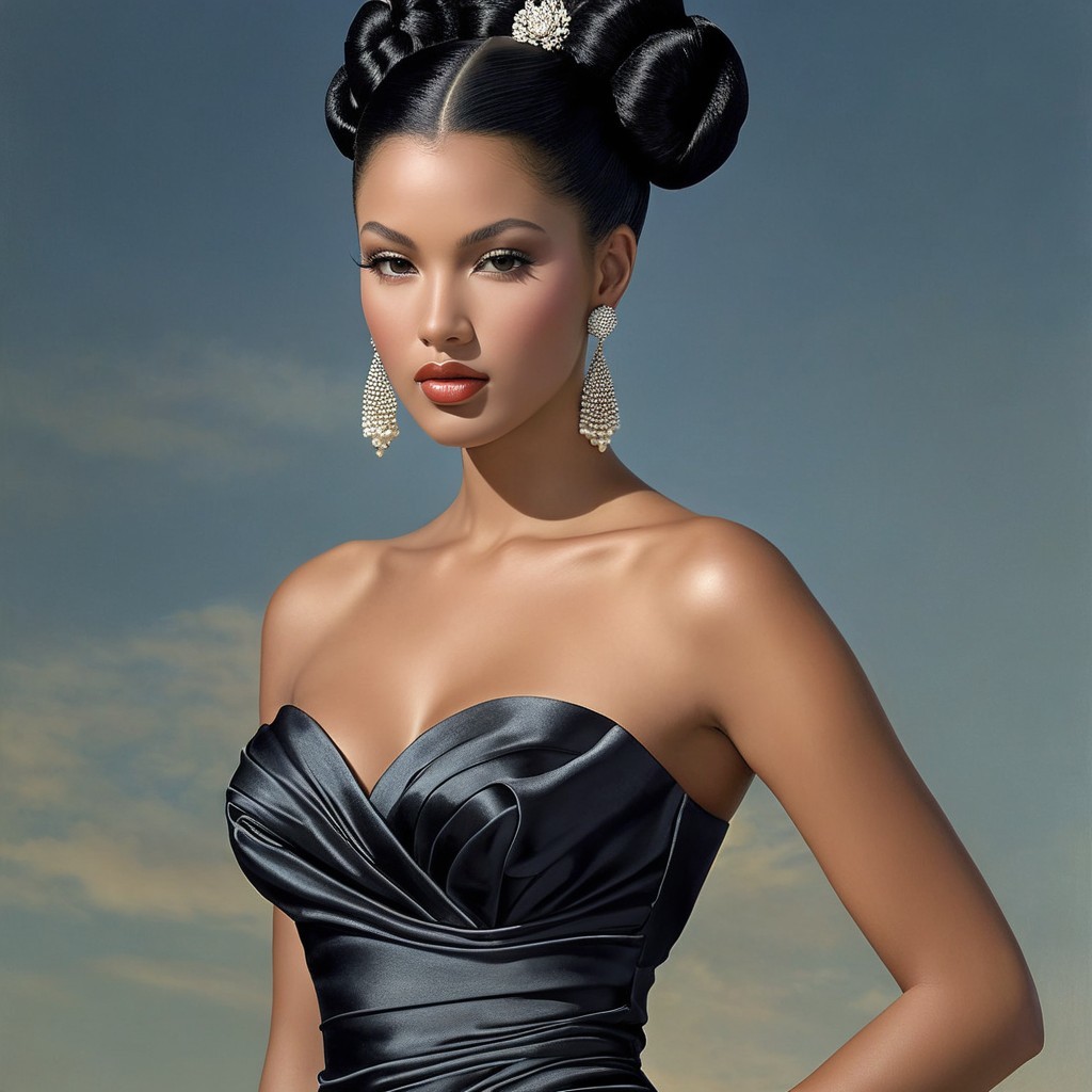 Elegant woman in black gown with glamorous styling