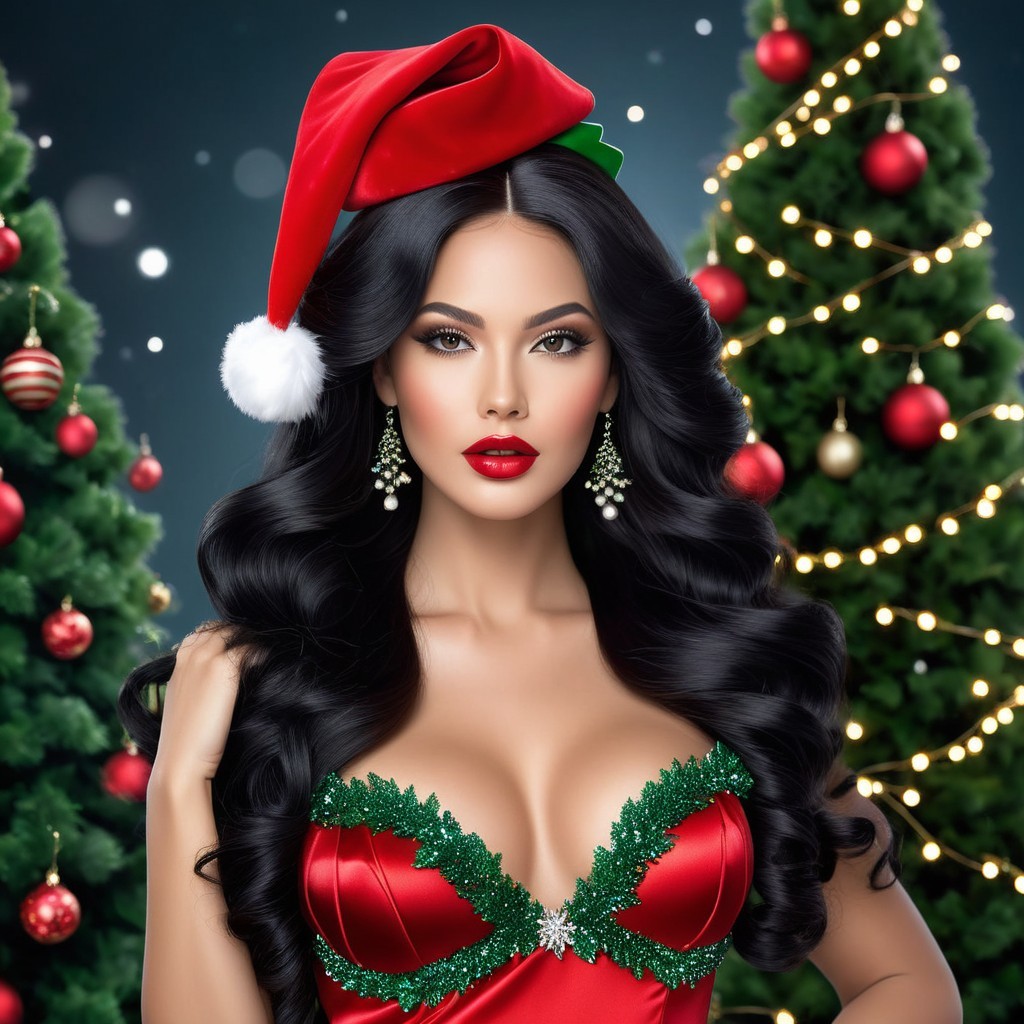 Glamorous Woman in Festive Holiday Setting with Trees