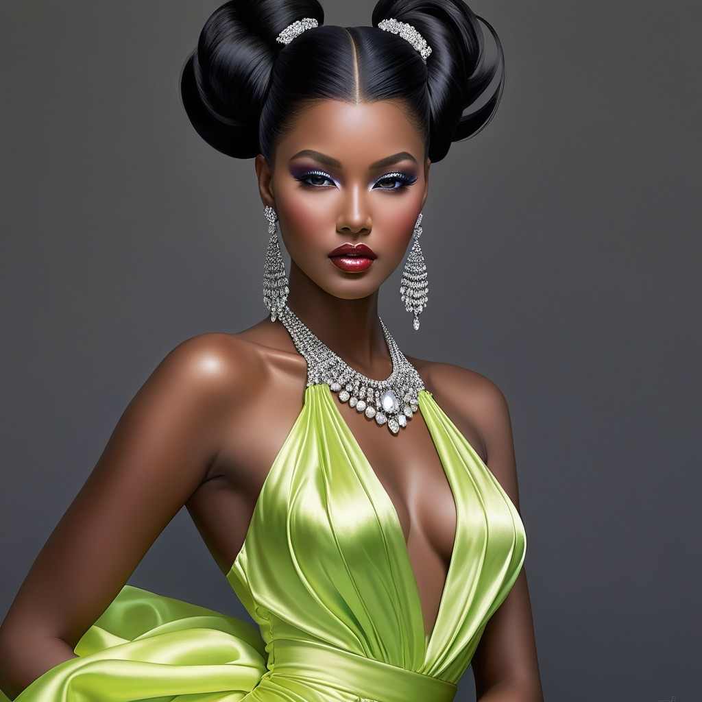 Model in Vibrant Lime Green Gown and Bold Makeup
