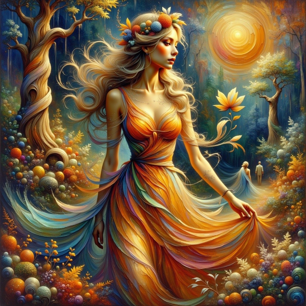 Woman in Colorful Dress in Enchanted Forest Setting