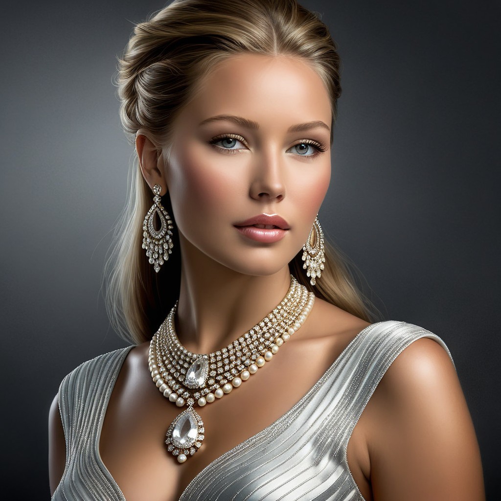 Elegant Woman in Silver Gown with Sparkling Jewelry
