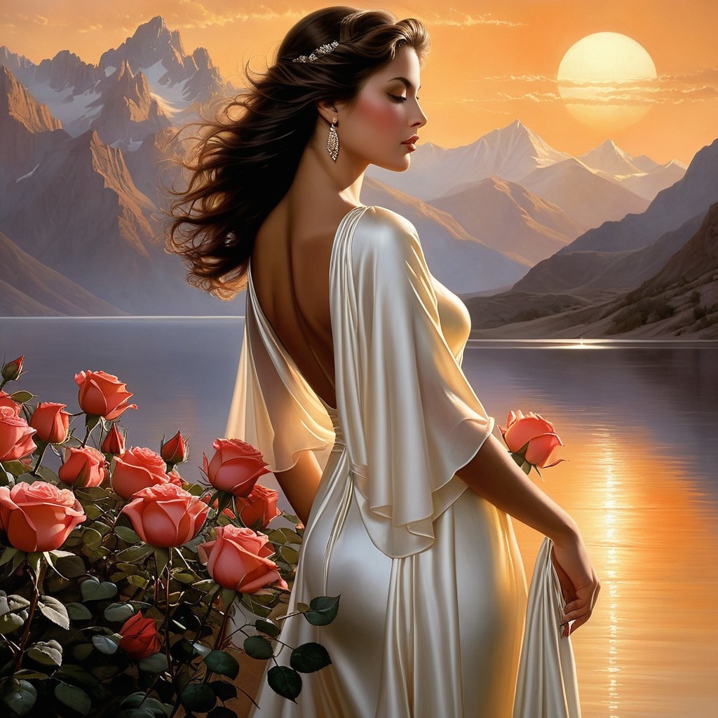 Graceful Woman by Tranquil Lake at Sunset