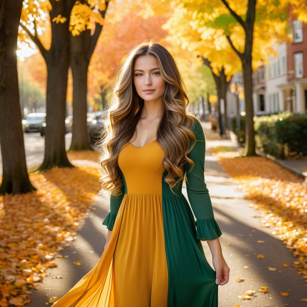 Young woman in autumn dress on tree-lined street