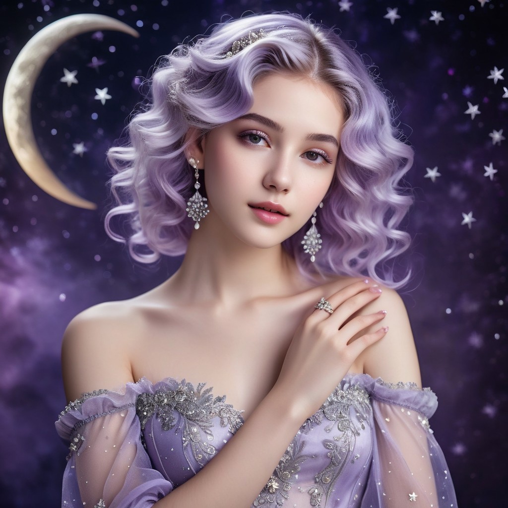 Young woman with lavender hair in elegant gown