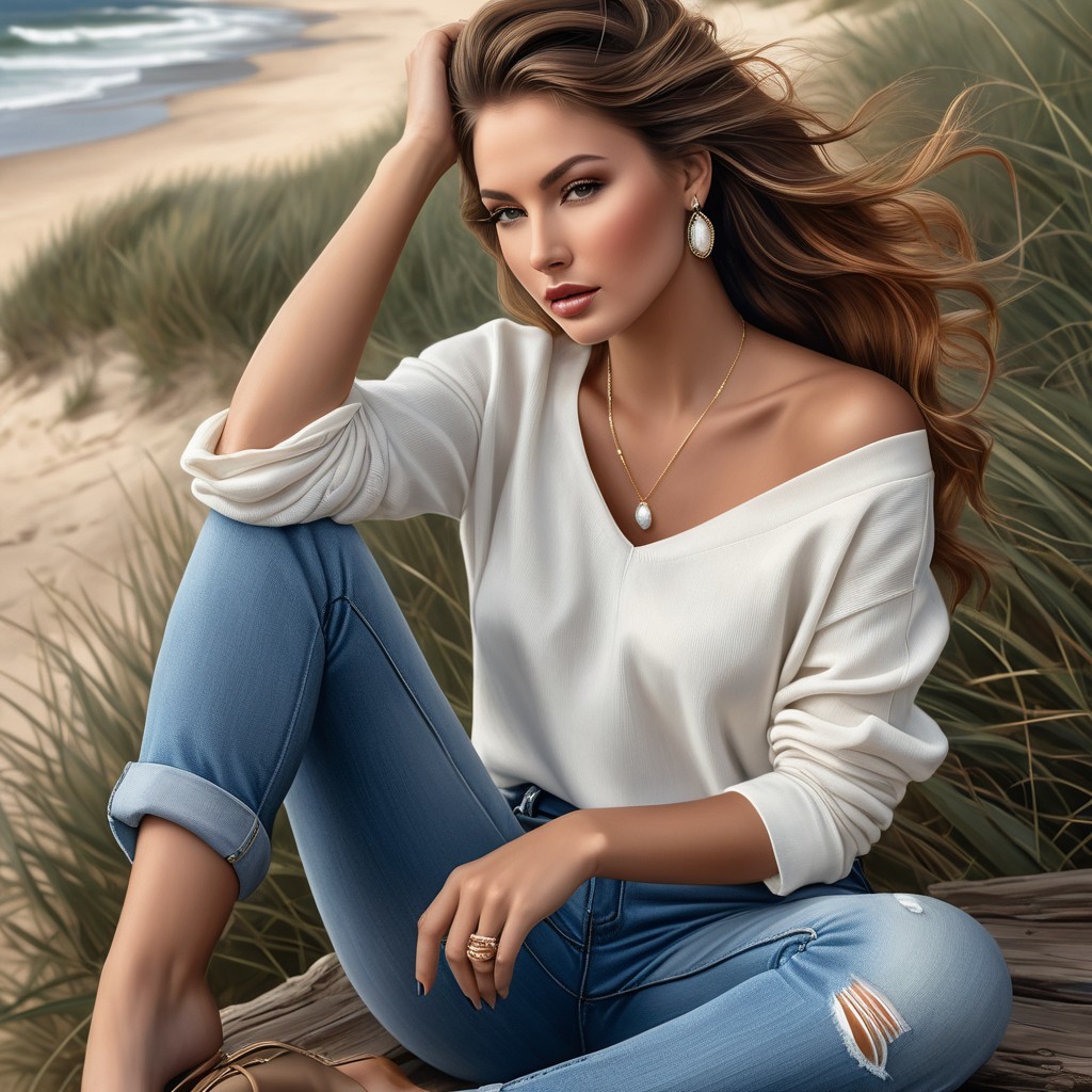 Woman in White Sweater on Sandy Beach with Ocean View