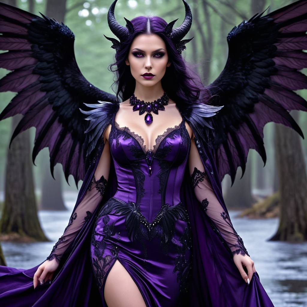 Misty Forest Figure in Purple Gown with Wings