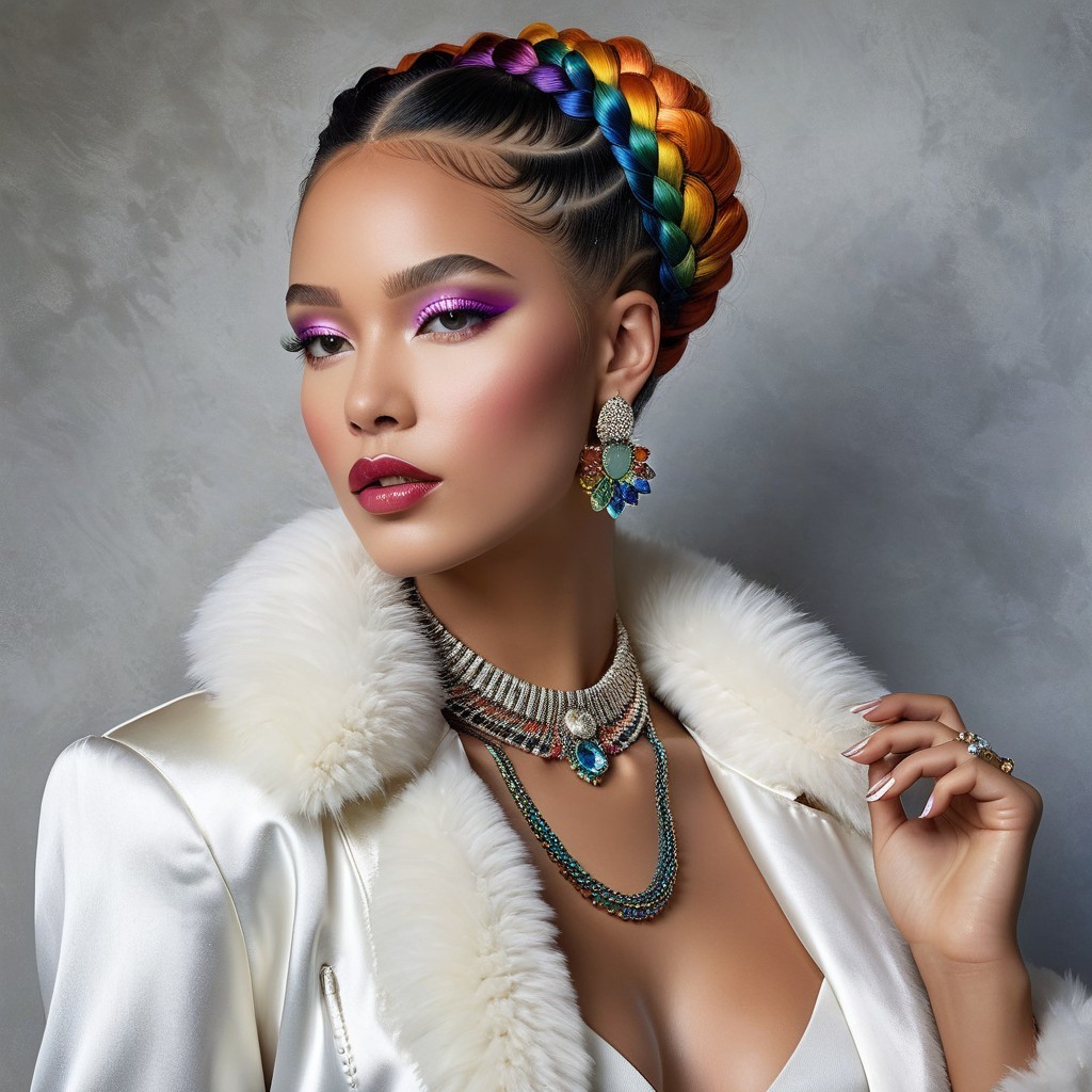 Vibrant Woman with Rainbow Braids and Glamorous Style