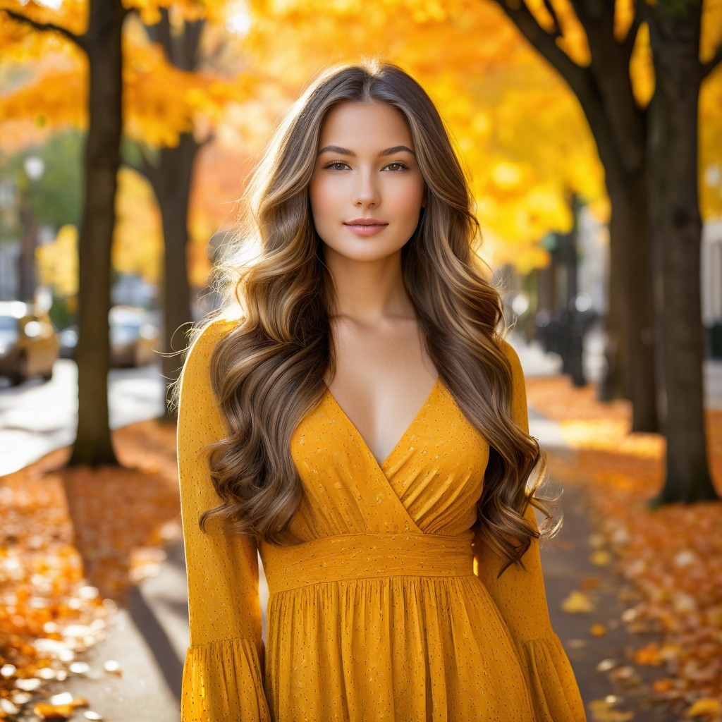 Young Woman in Mustard Dress Among Autumn Foliage