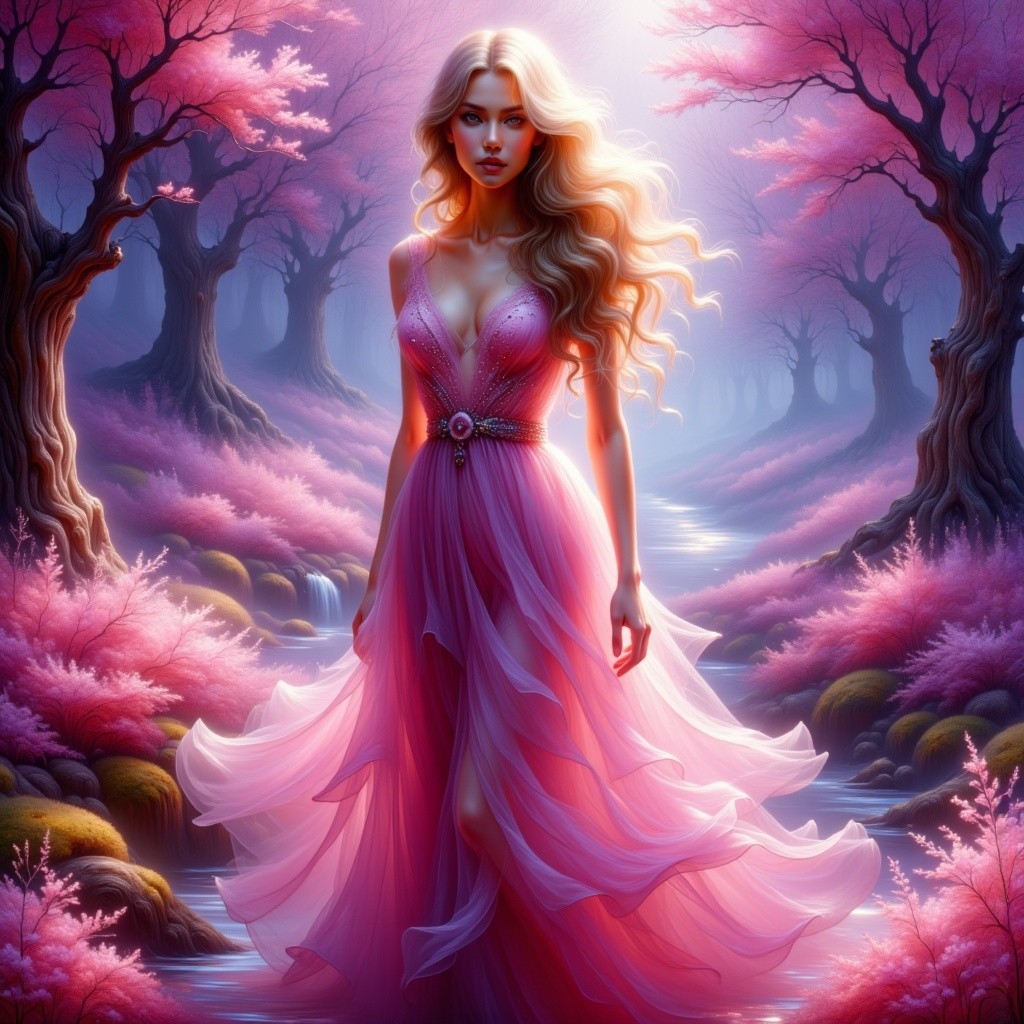Young woman in a magical forest with pink trees