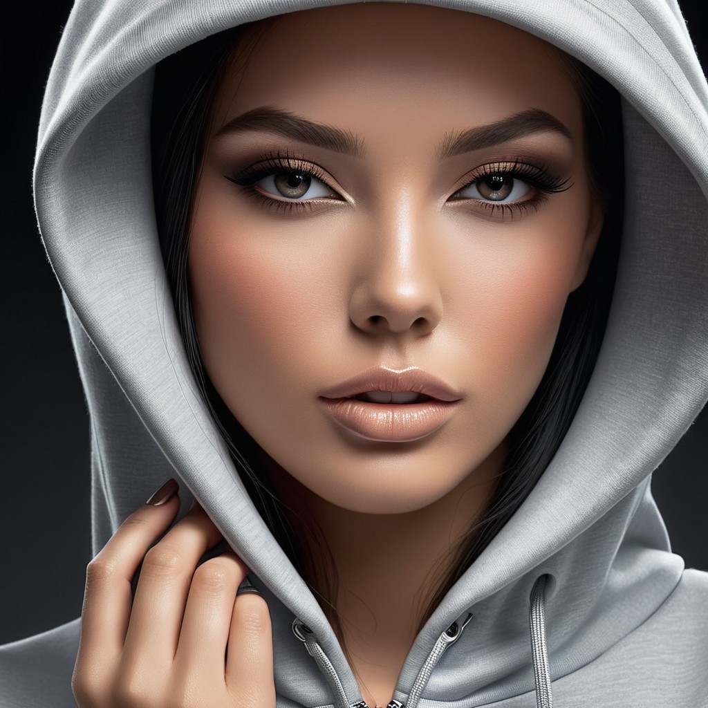 Portrait of a Young Woman in Light Gray Hoodie