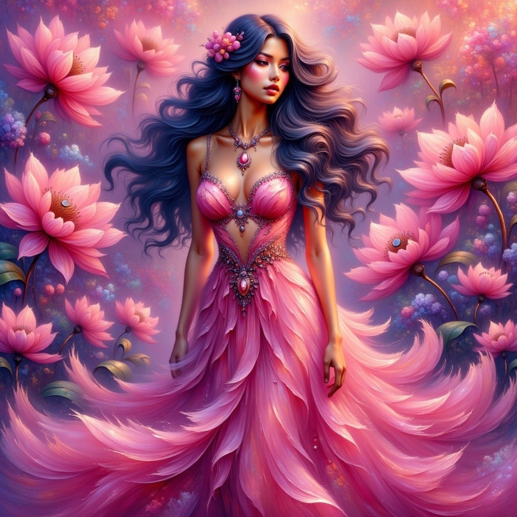 Woman in Pink Gown Surrounded by Blooming Lotus Flowers