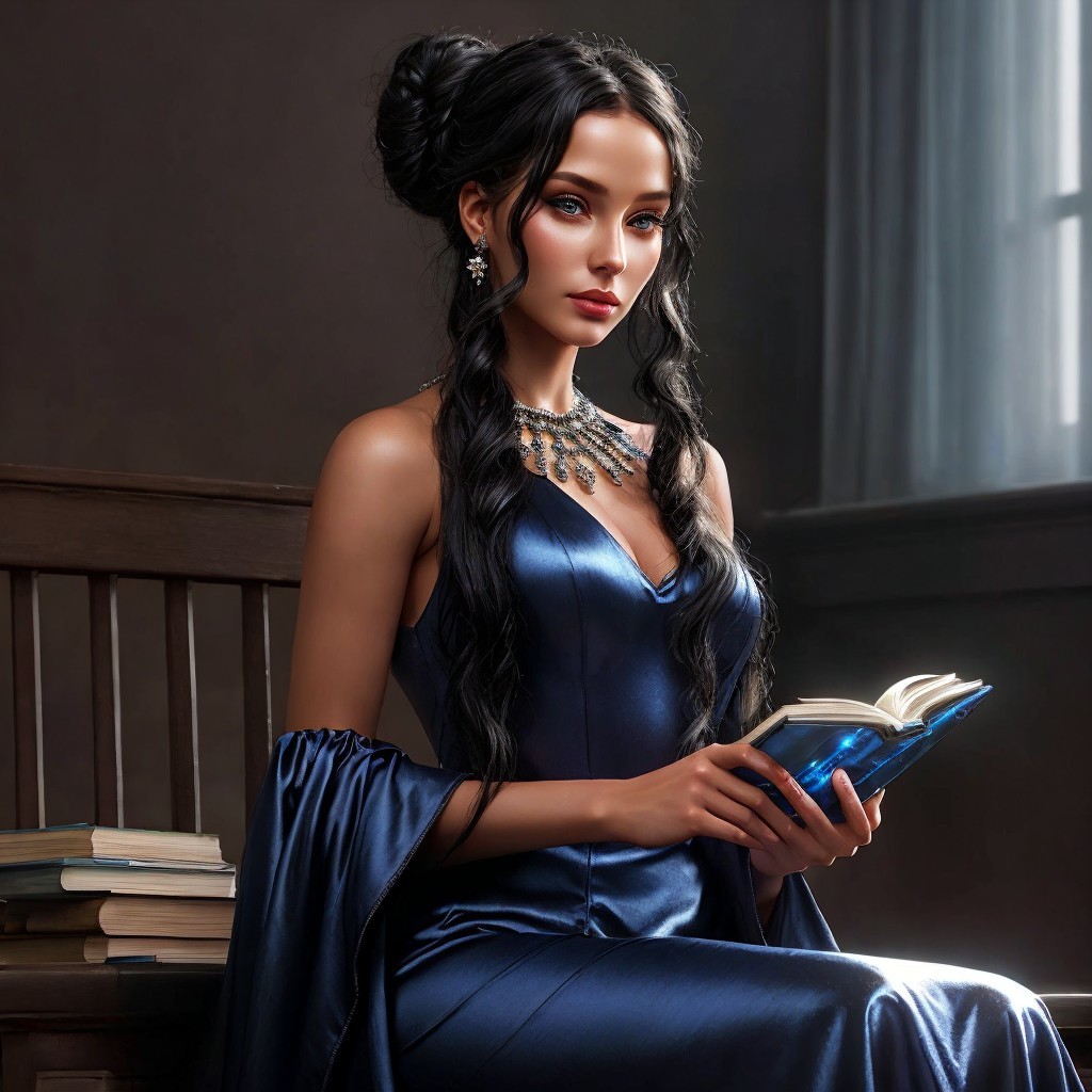 Elegant Woman in Blue Dress Surrounded by Books