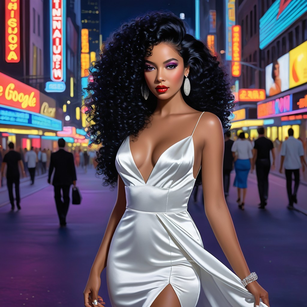 Glamorous Woman in Elegant Gown on City Street at Night