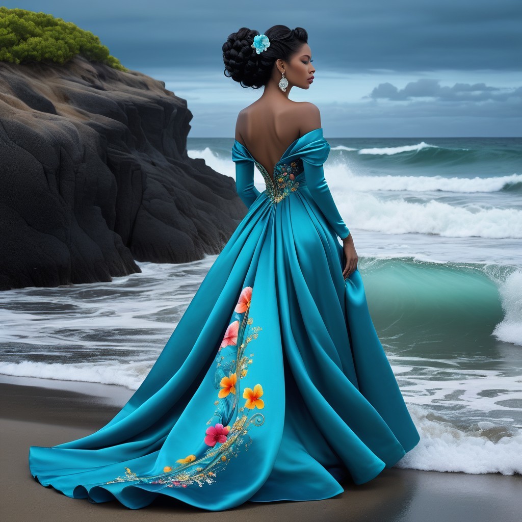 Elegant Woman in Turquoise Gown on Beach at Sunset