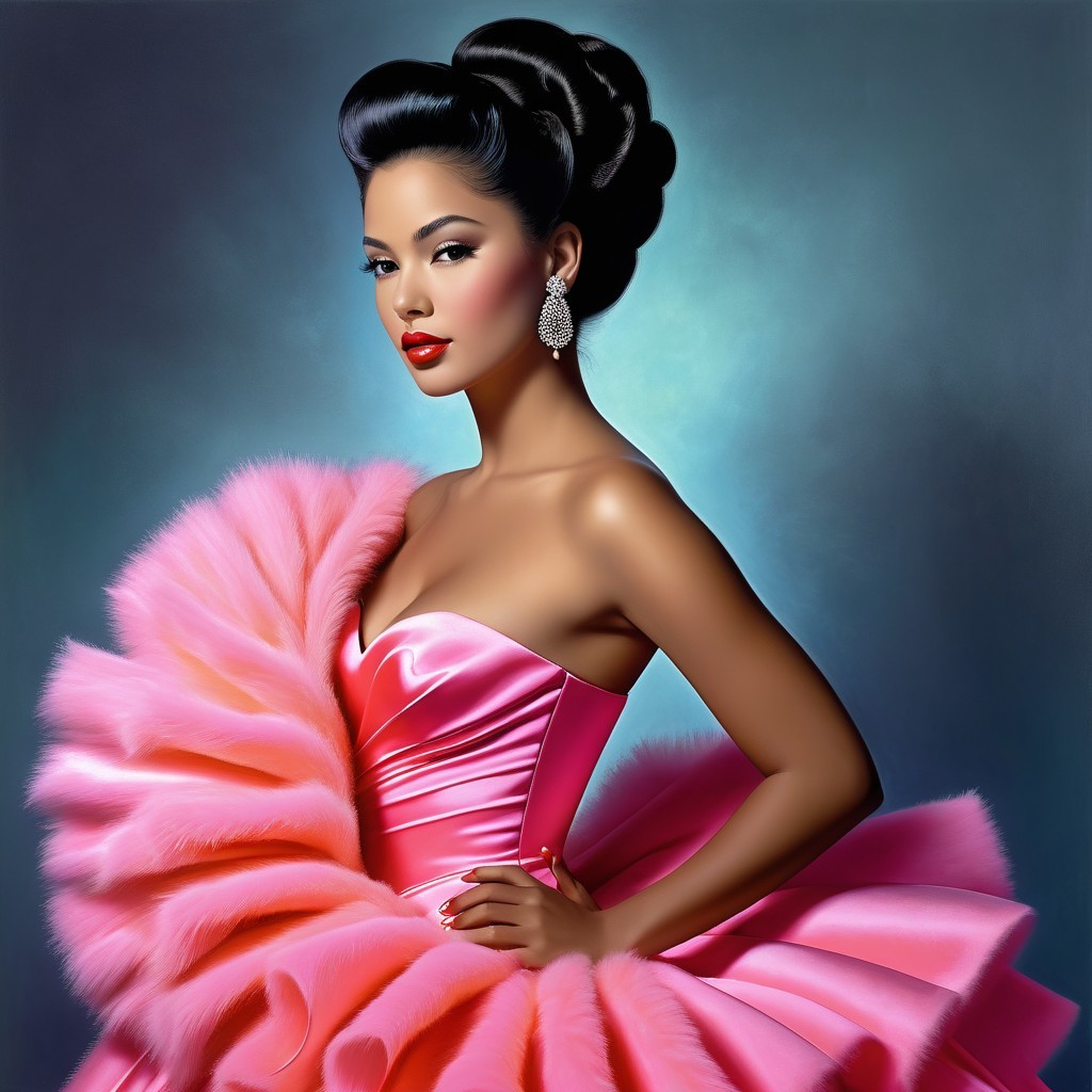Glamorous Woman in Pink Gown with Ruffles and Curls