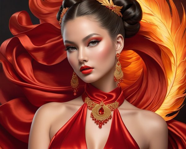Portrait of a woman in red gown with fiery background