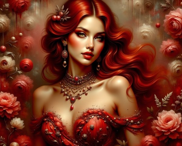 Portrait of a woman in red gown with roses backdrop