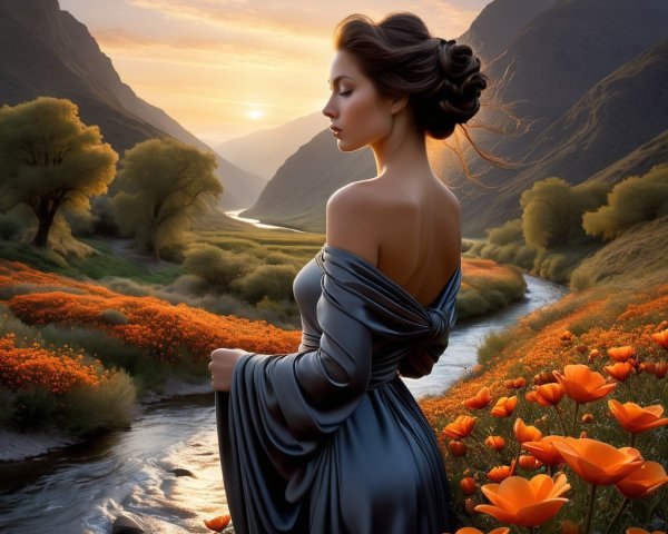 Sunset Serenity with Woman in Gray Gown by River