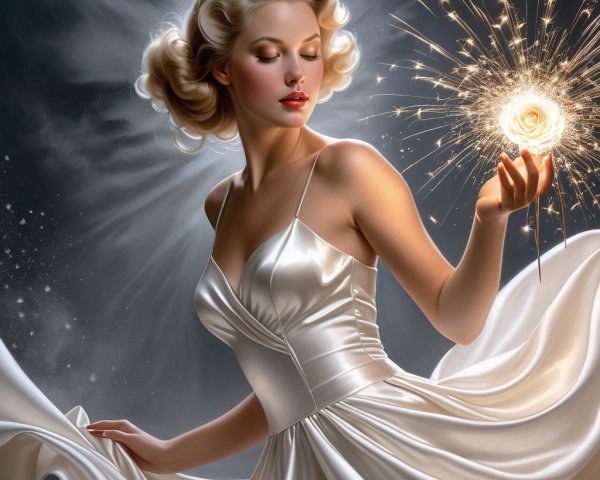 Vintage Hollywood Glamour in Satin Gown with Sparkler
