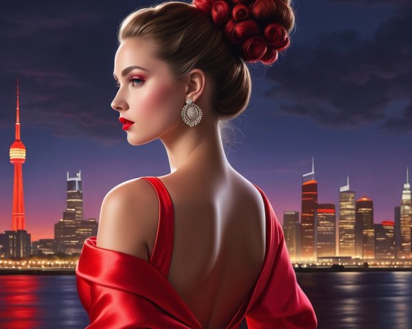 Glamorous Woman in Red Gown Against City Skyline