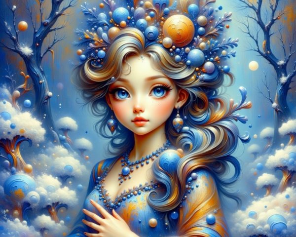 Elegant princess goddess in a fantasy winter wonderland