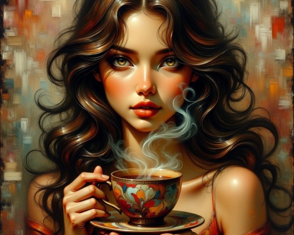 Young woman with cup in dreamy, colorful setting