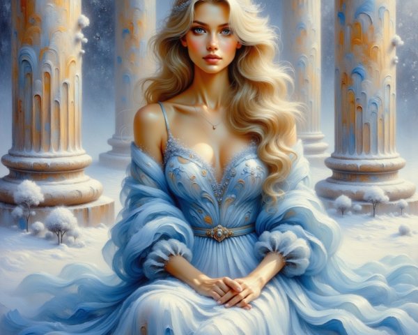 Woman in Icy Blue Gown in Winter Wonderland Scene