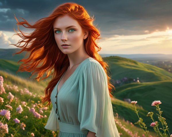 Young woman with red hair in a colorful landscape