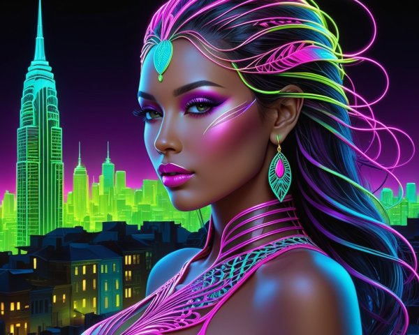 Vibrant Neon Portrait of Woman with Futuristic Skyline