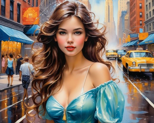 Young Woman in Blue Dress on Busy City Street