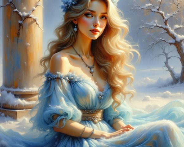 Winter Scene with Woman in Ice-Blue Gown and Snow