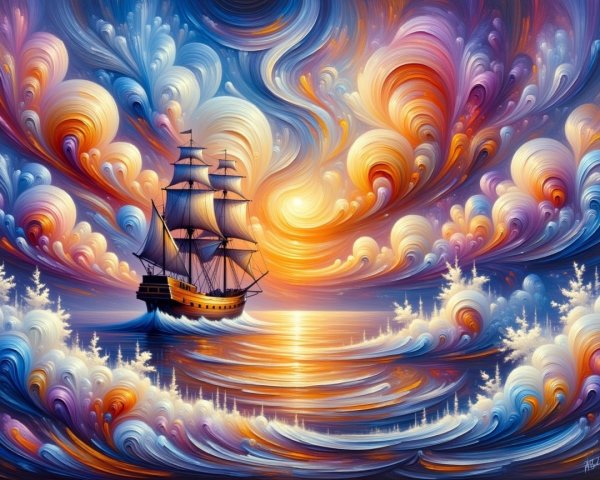 Majestic ship in colorful sunset seascape scene