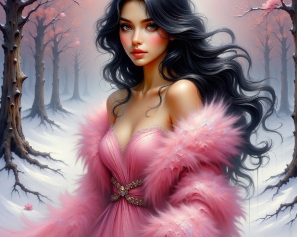 Elegant Woman in Pink Gown in Winter Wonderland
