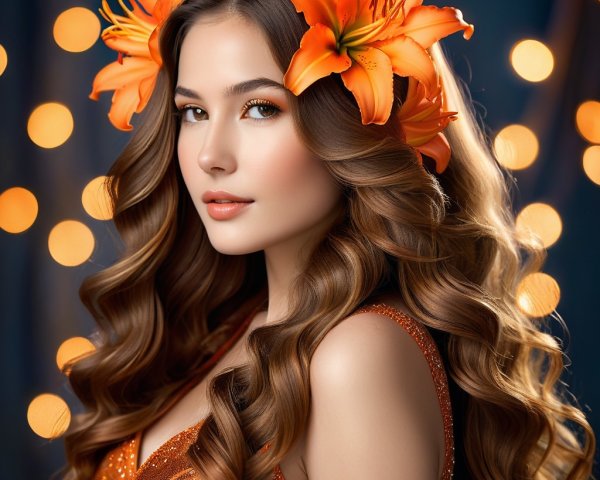 Young woman with orange lilies and shimmering outfit