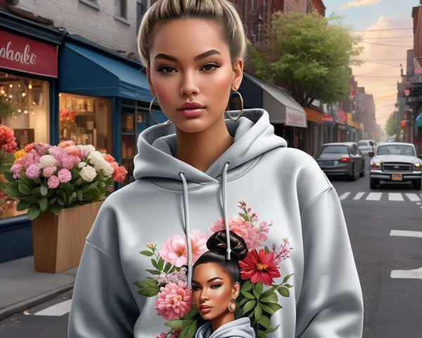 Young woman in floral hoodie against urban backdrop