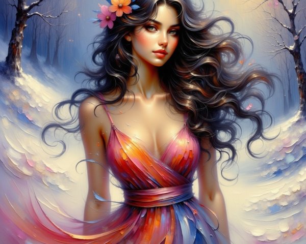 Graceful figure in vibrant dress in snowy landscape